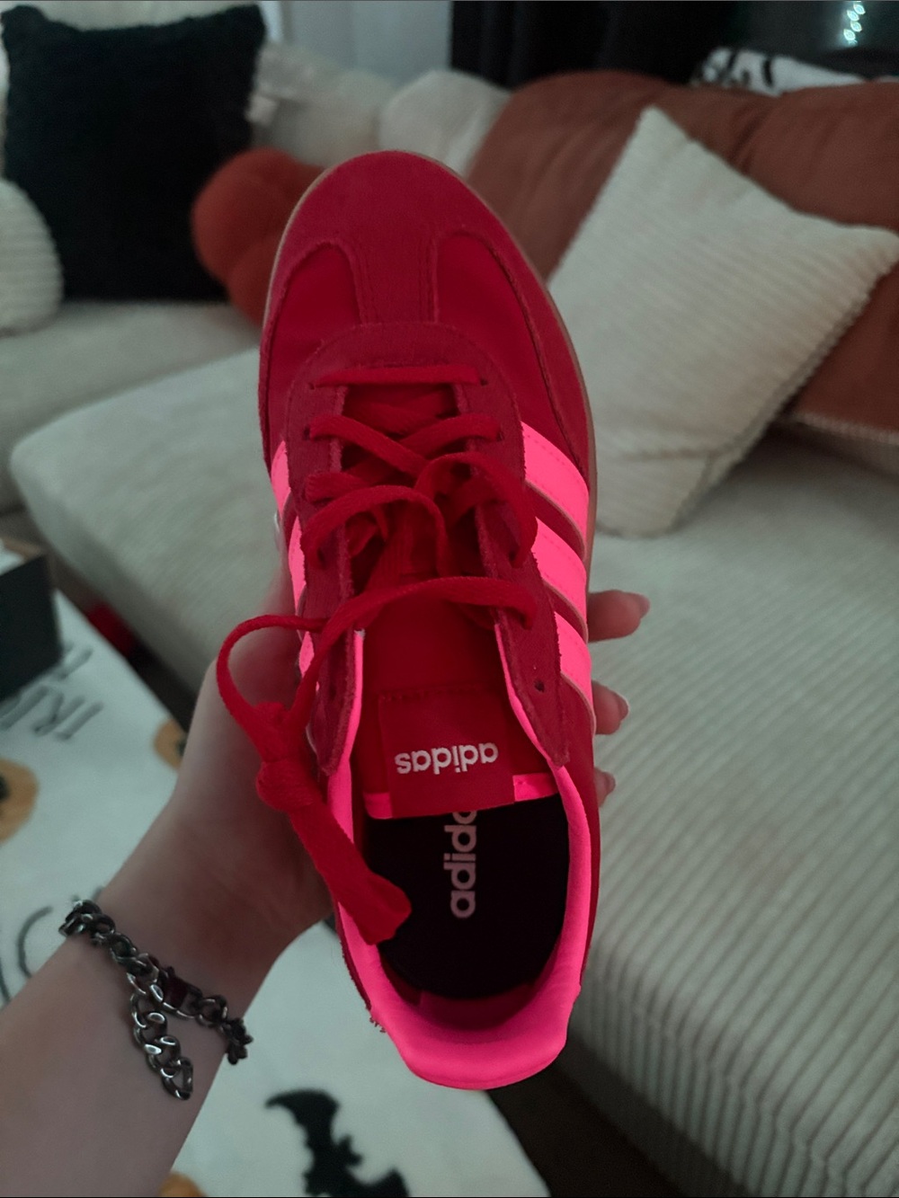 adidas Women's Red Sneaker with Neon Pink Stripes